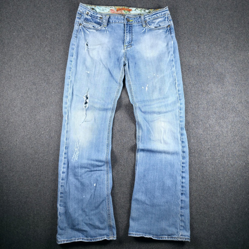 Vigoss Bootcut Jeans Womens 32 Light Wash Distressed Floral Lined Low Rise‎ Boho